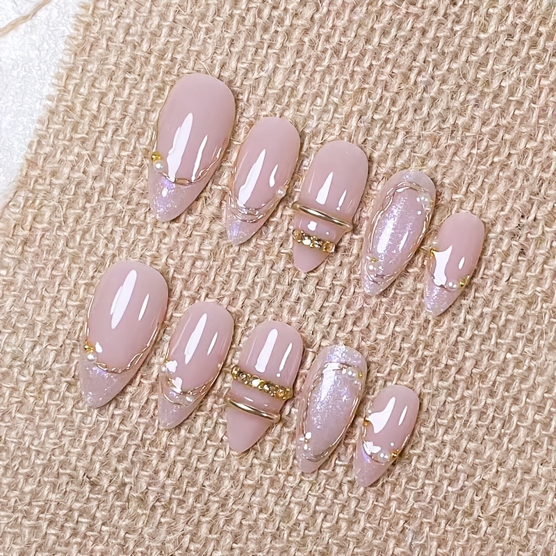 TEMU 10pcs Handmade On Nails Suitable For Types - Pink Glitter Base With , Champagne Glitter, Beads & Tips, Reusable Almond Shaping Nails For Daily