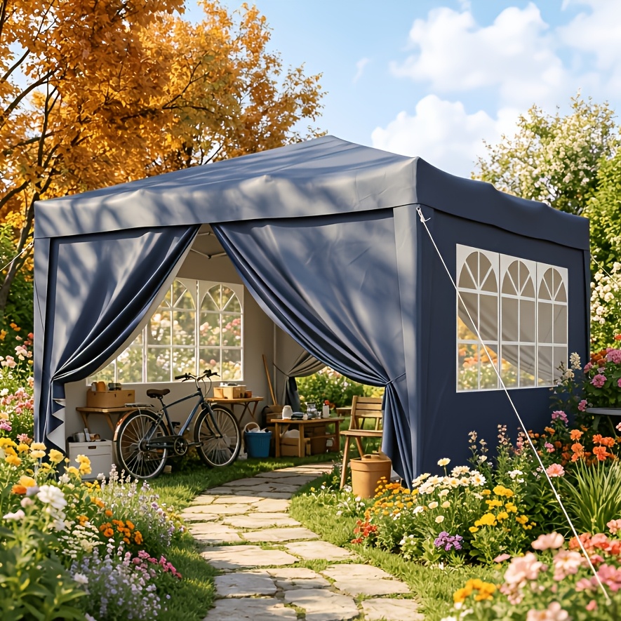 3.32*3.32m Pop Up Canopy Carport With 4 Removable , Portable Outdoor Car Canopy Shelter For Patio, Camping, Beach And Vehicle Shading With 8 Stakes & 4 Ropes