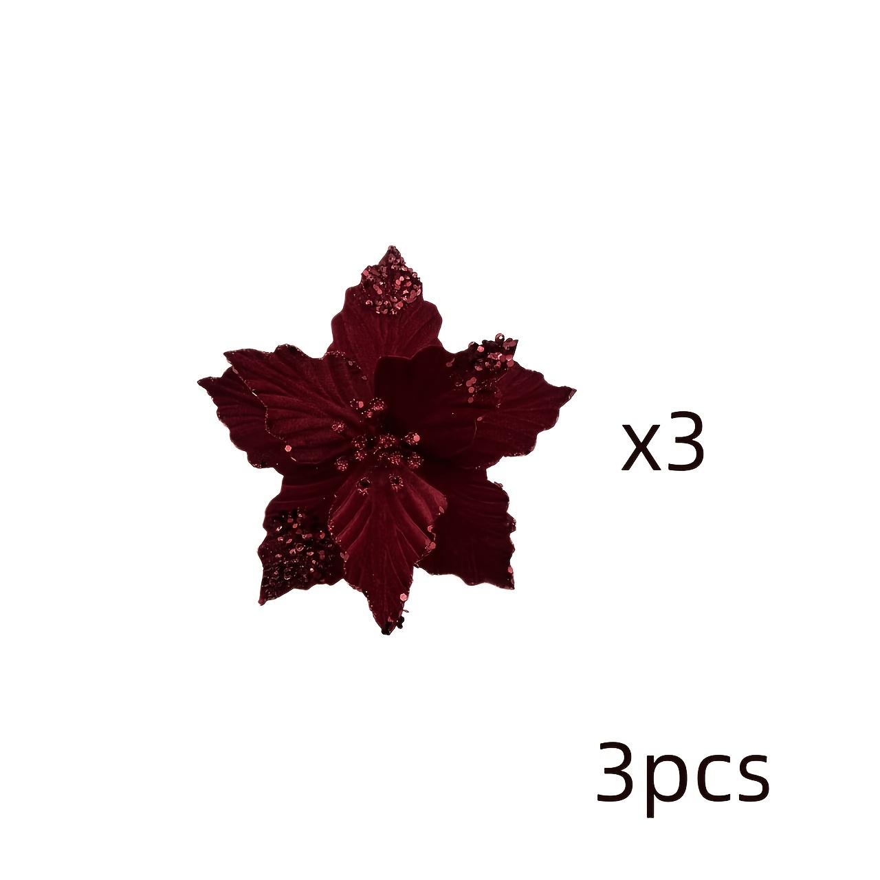 TEMU 3pcs Burgundy Glitter Poinsettia Artificial Flowers, Velvet Xmas Floral Picks, Christmas Tree Window Home Party Decorations, Xmas New Year