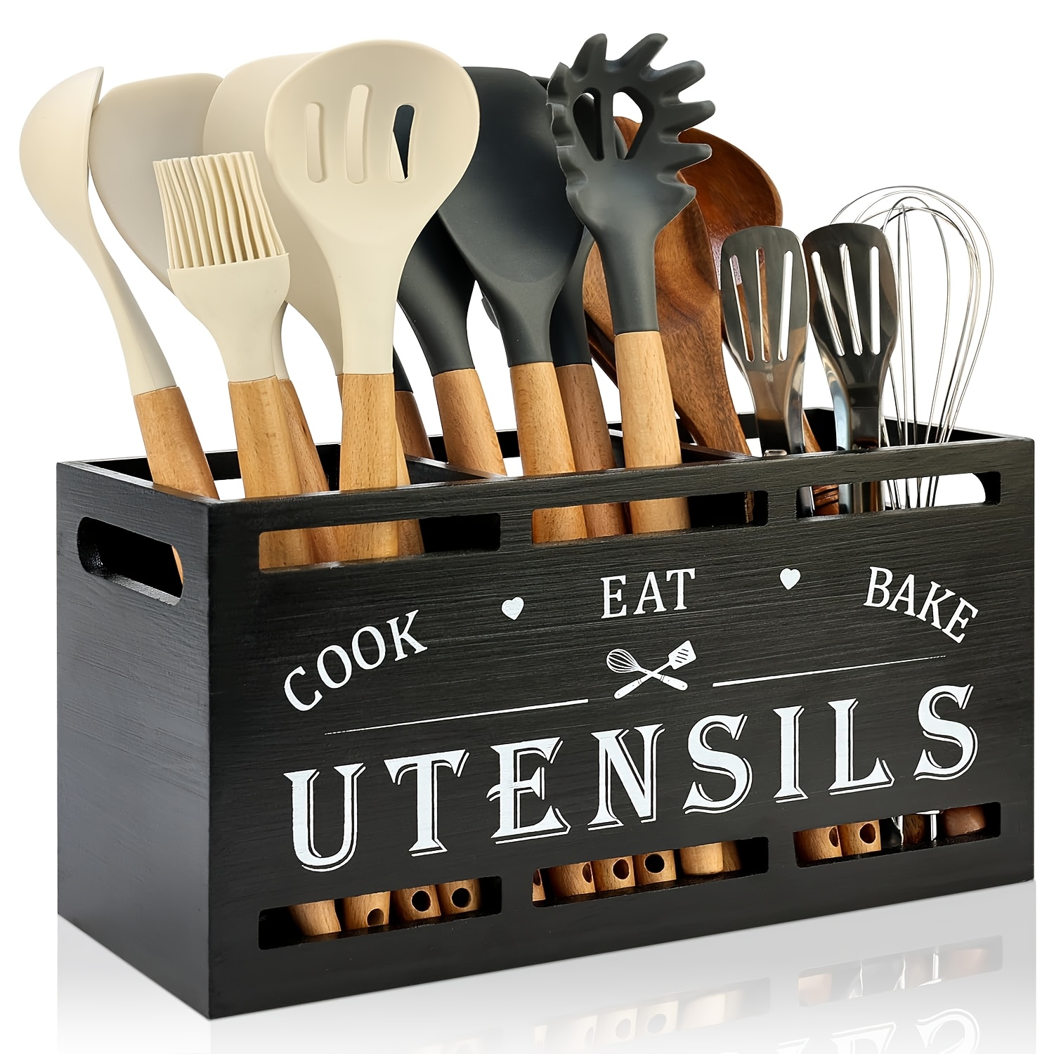 Image of Oversized Black Wooden Utensil Storage For Farmhouse-style Kitchens, Designed To Hold Cutlery And Spatulas, Serving As A Caddy For Silverware And Wooden Cooking Tools On The Kitchen Countertop