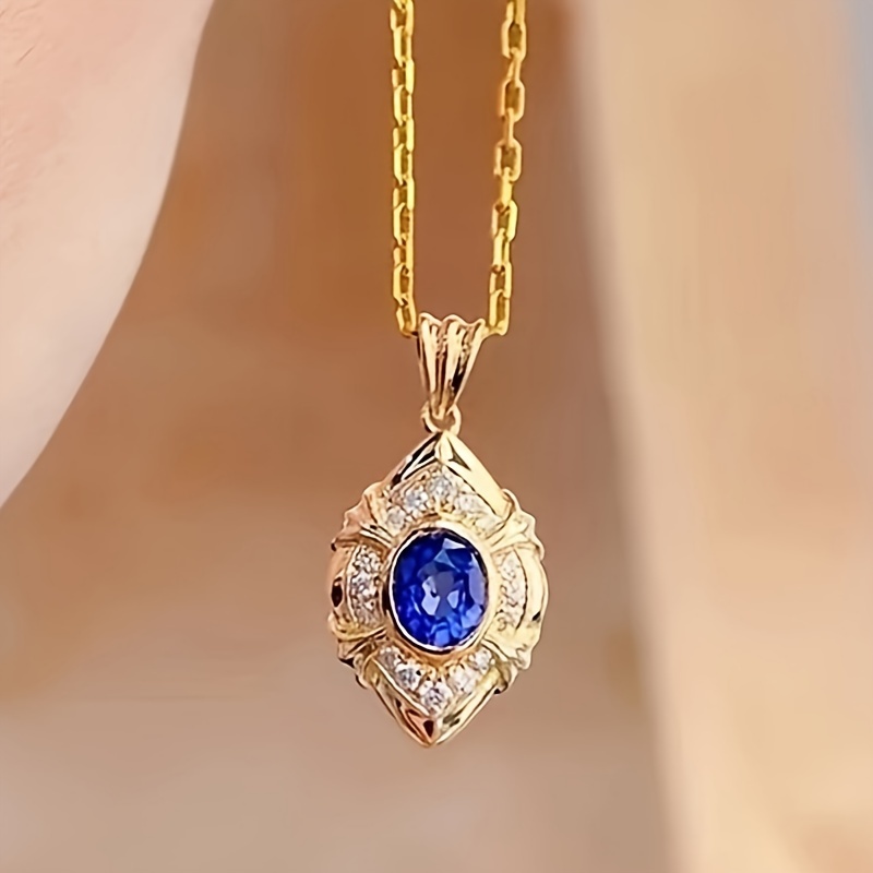 Image of Neo-classical Elegant Blue Synthetic Zirconia Pendant Necklace Women's Engagement Proposal Jewelry Wedding Anniversary Gift For Lover