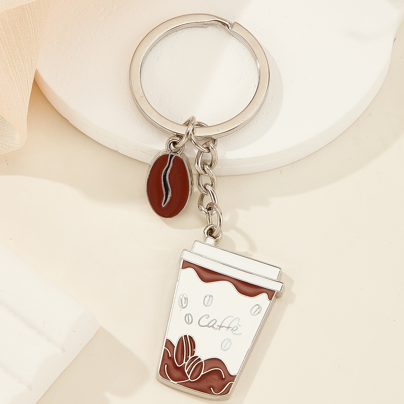 TEMU A Creative Coffee Cup Keychain With A Cup And Coffee Bean Key Pendant, Unisex Keychain, Oil- Alloy , Fashionable Mini Bag Charm, Car Key Chain,