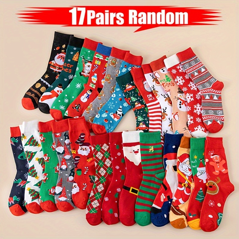 

17 Pairs Of Men's And Women's Autumn And Winter Christmas Santa Claus, Snowflakes, , Elk, Gingerbread Men, Christmas Trees, Comfortable Mid-calf Socks, For On Christmas