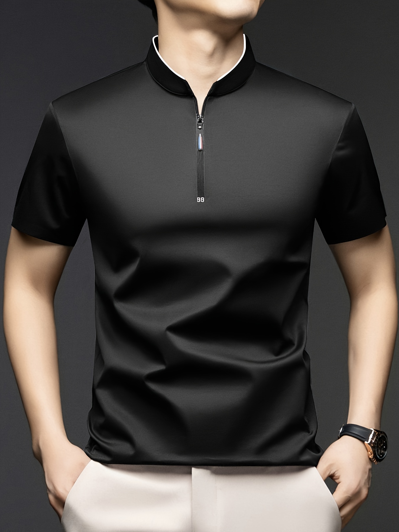 summer short sleeve   shirt mens small stand up collar zip up solid color t shirt suitable for sports outdoor and casual wear