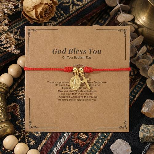 1pc womens fashion bracelet red braided cord with cross and simple faith for daily wear or as a gift for women card