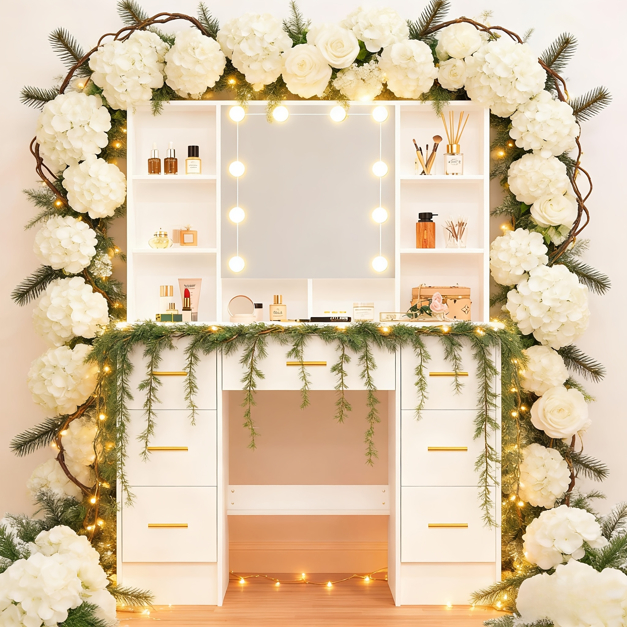 Makeup Vanity with Sliding Mirror and LED Lighting, 3 Modes