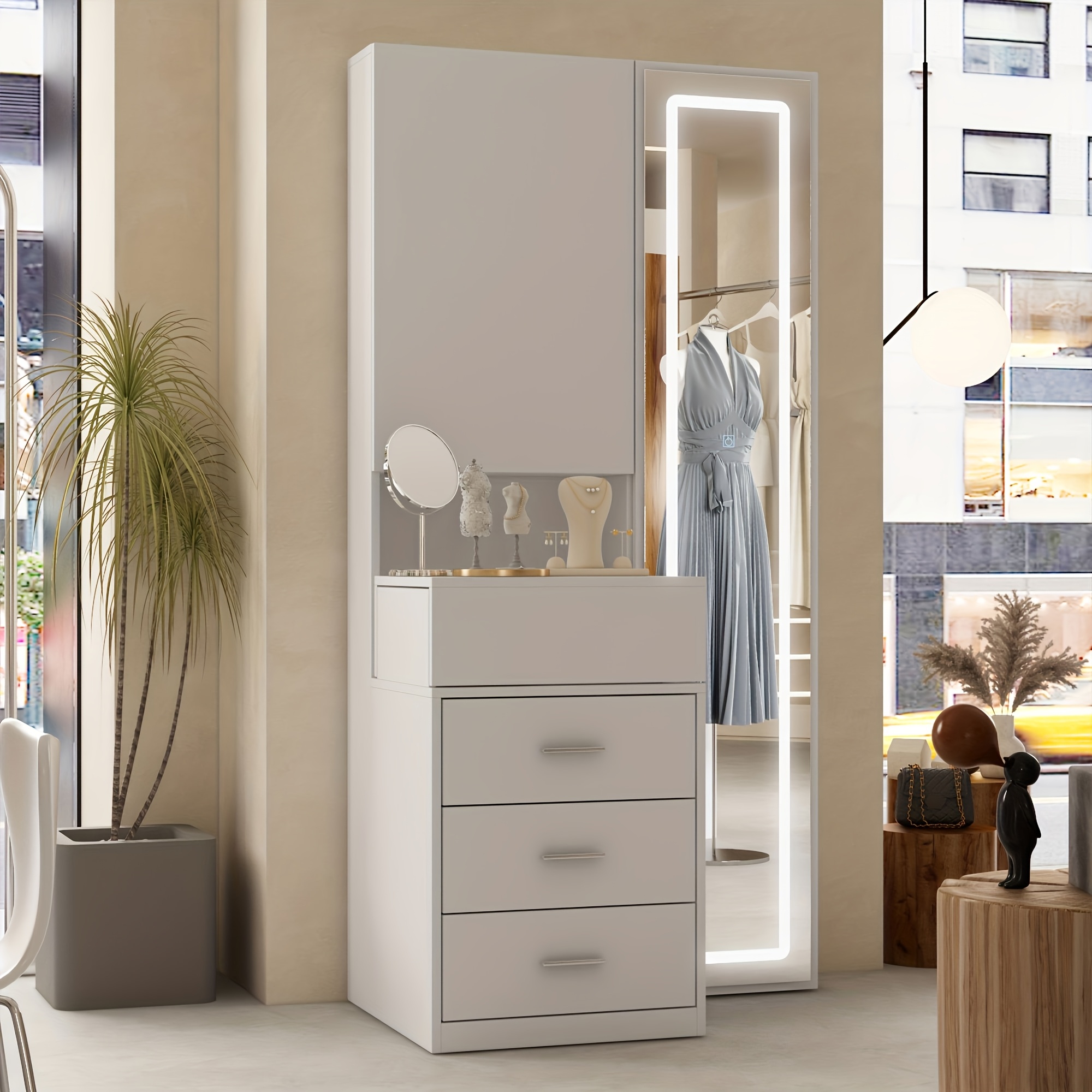 Modern Dressing Table, Equipped With Illuminated Full Body Mirror And Sliding Storage Compartment, Large Storage Space, Fashionable Design, White
