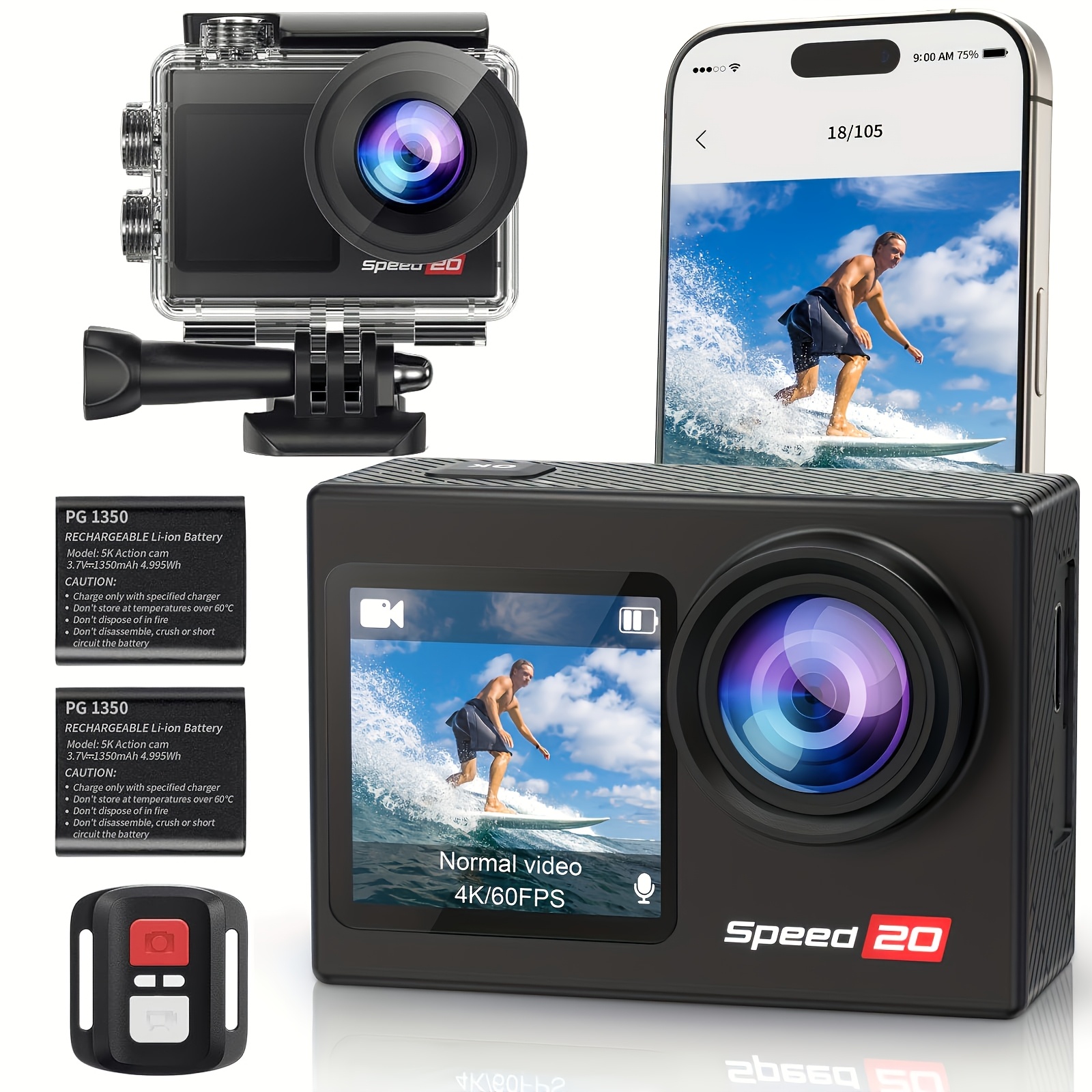 TEMU Cámara de acción 4K subacuática de 131 pies con aplicación WiFi, zoom 5x, control remoto, de 170°, para deportivo, snorkel, esquí, bicicleta,