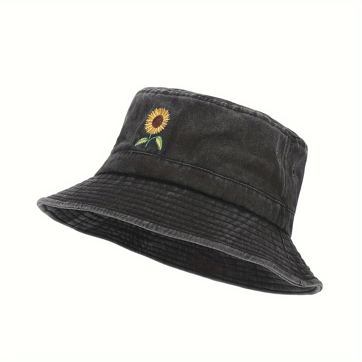 

Cool Classic Fresh Distressed Bucket Hat, Embroidery Sunflower Versatile Black Fisherman Hat, Sun Hat For Casual Leisure Outdoor Sports