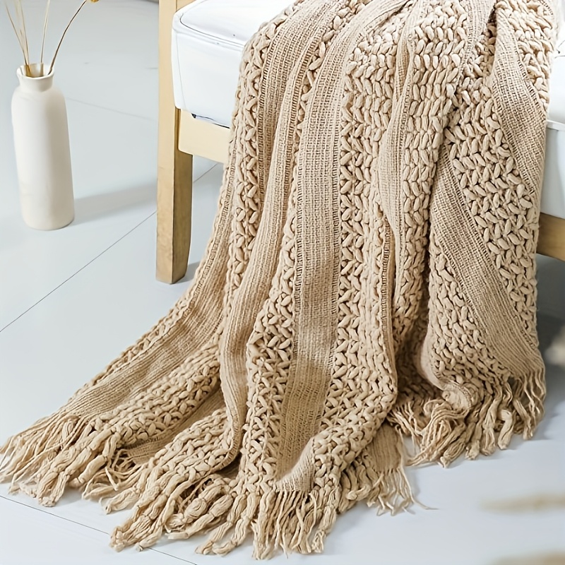 TEMU Soft Lightweight Blanket In Beige, Khaki, And Cream Colors, Four-season Farmhouse-style Decor, Machine-washable Acrylic, Cozy Throw For Sofa,