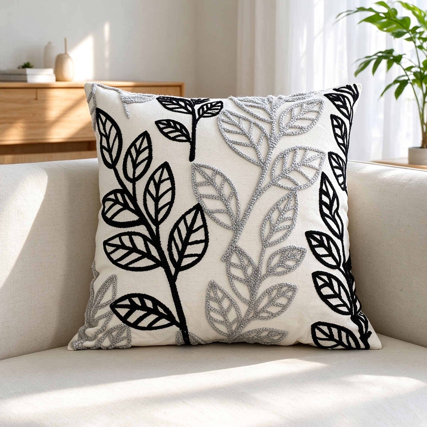 Image of 1pc Leaf Embroidery Cushion Throw Pillow Cover For Sofa Bedroom Home Decoration, Without Pillow Insert