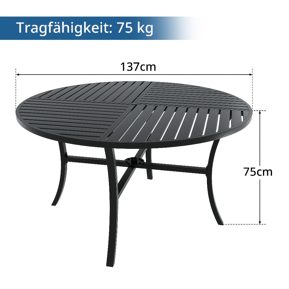 Round Garden Table With Cylindrical Umbrella Hole, Diameter 137 Cm, Garden Table, Dining Table For 4-6 People, Party Table, Balcony Table, Metal Frame, Black