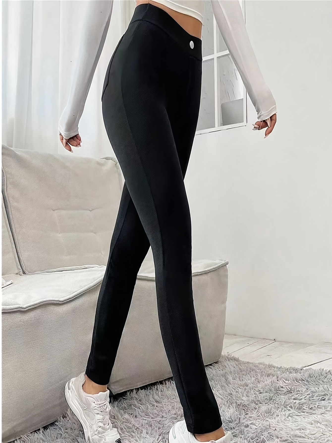 Solid Double Breasted Pants Casual High Waist Skinny Pants - Temu