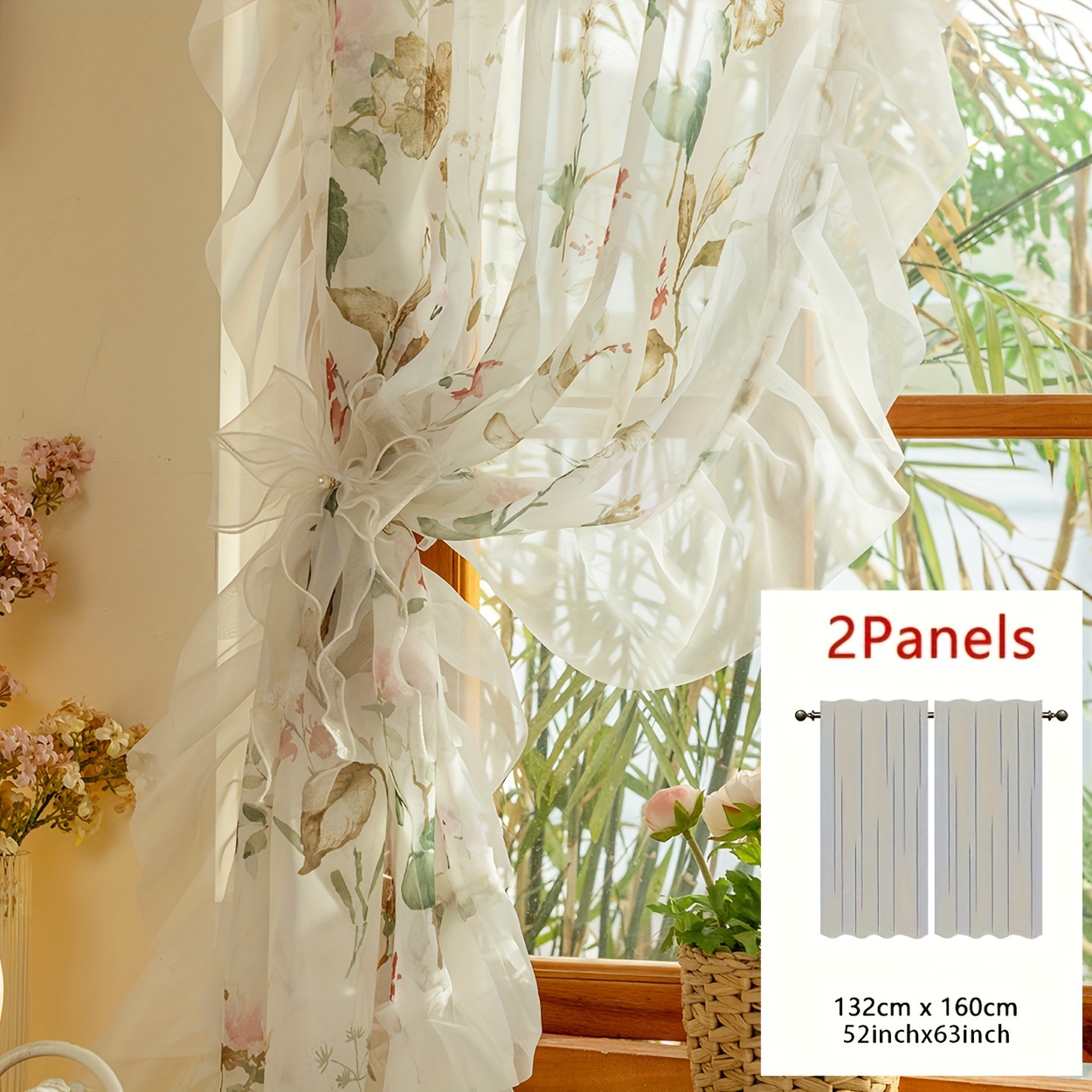 Image of 2-panel Vintage Camellia Ruffle Sheer Curtain, Romantic Pastoral Versatile Window Sheer Suitable For Living Room, Balcony, Bedroom Bay Window, Decorative Partition Curtain/door Curtain