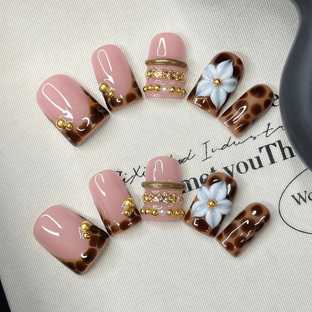 TEMU 10pcs Handmade Press-on Nails Suitable For Parties & Daily Wear - Short Square Acrylic French Tips With 3d Flowers & Jewelry, Pink & Brown Hand-