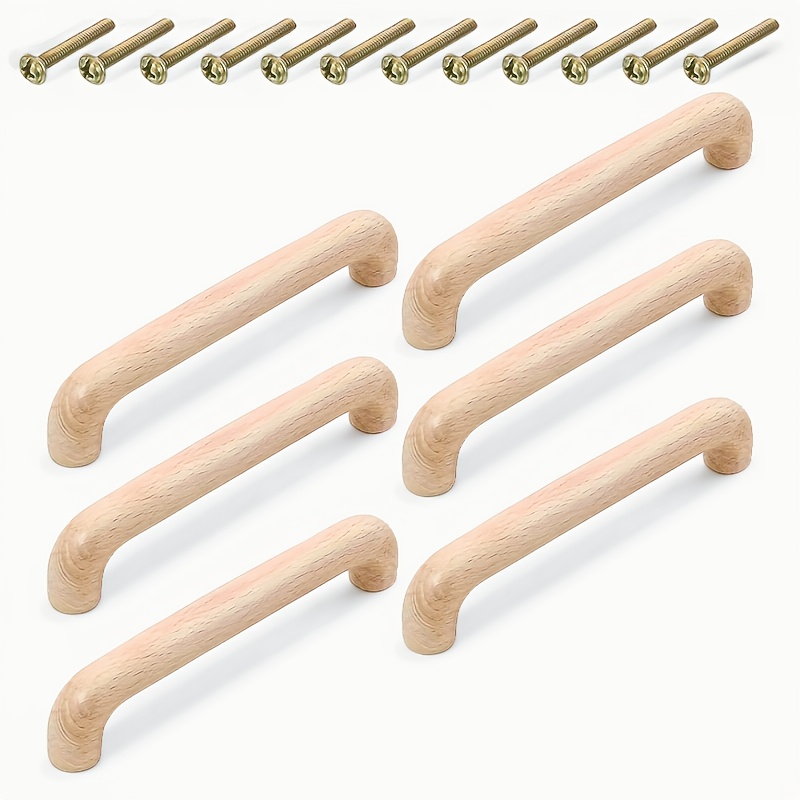 Image of 6pcs Polished Solid Wood Drawer Handles With 12pcs Mounting Screws, Wood Pulls For Cabinets, Wardrobes, Dressers And Furniture, Cabinet Handles For Home Decor