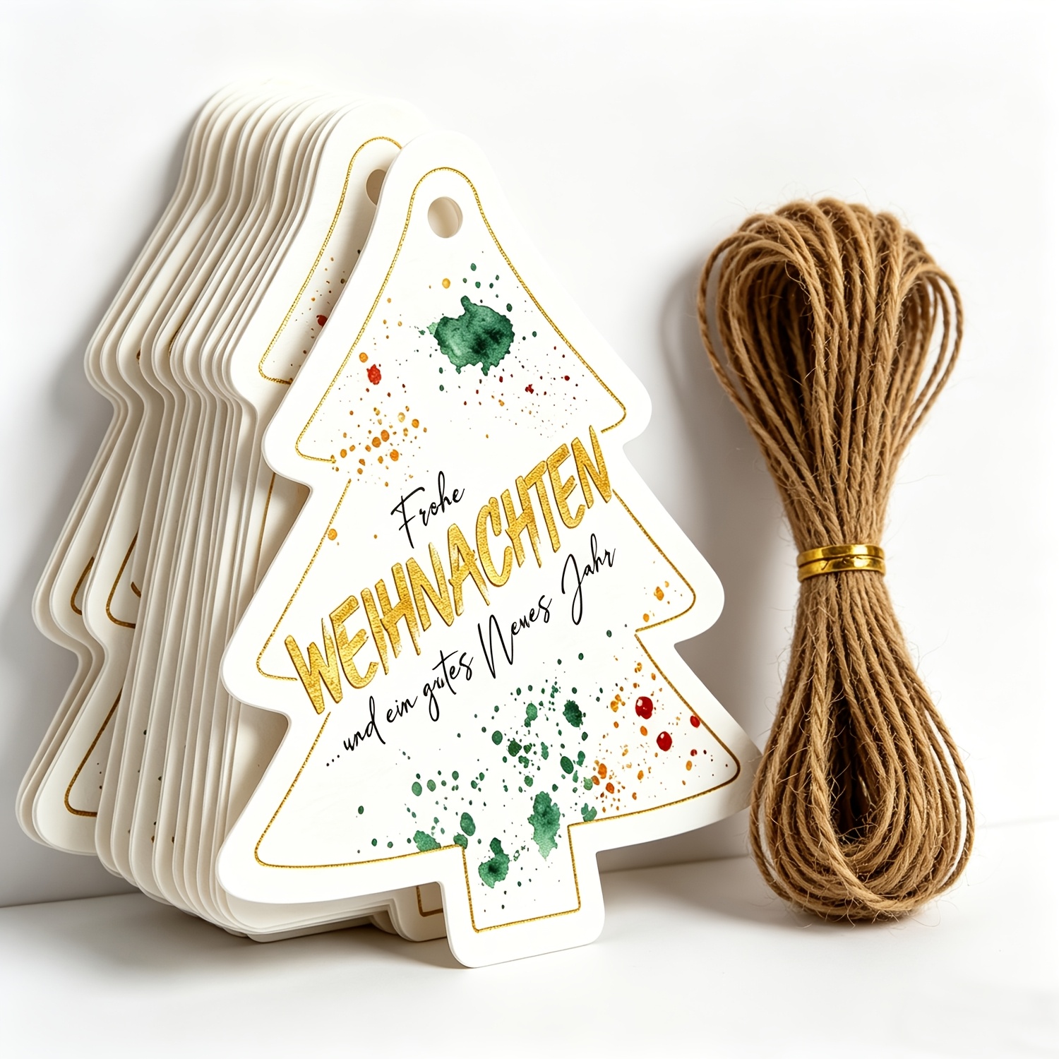 Image of 49pcs 2d Flat Christmas Tree Shaped Holiday Tags, German Christmas Happy New Year Decorative Hang Tags, Gift Packaging Twine Pendant Labels