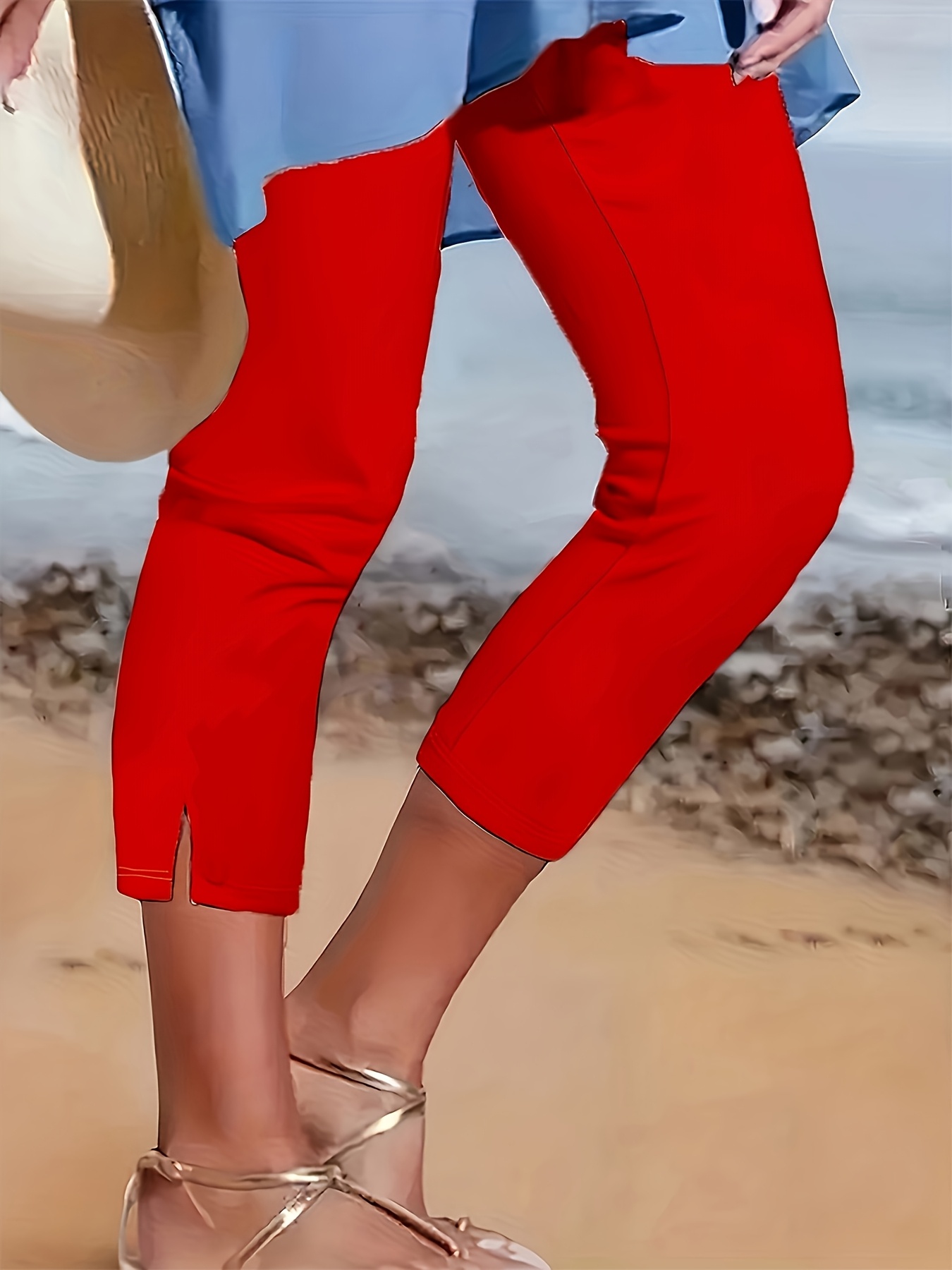 3657 solid color hot womens elastic waistband medium stretch fabric   casual pants
