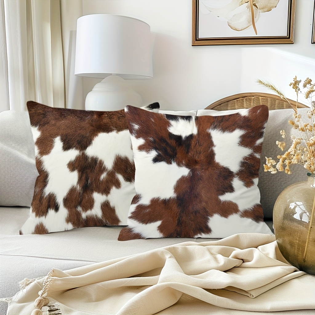 set of 4 vintage short plush double sided printed animal fur throw pillow covers brown   cowhide printed decor cushion covers farmhouse style pillowcases 18x18 inch for porch patio sofa living room bedroom outdoor without pillow inserts Product details 2