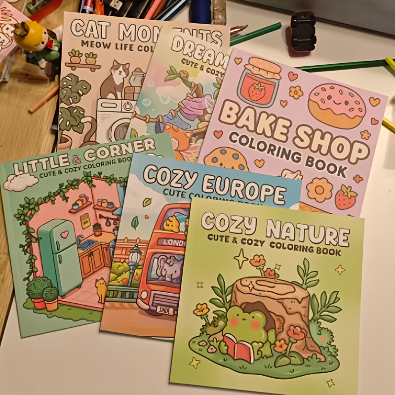 sets of six 6pcs six soft and   coloring books size 20cm 20cm 24 pages each totaling 144 pages   6 books the covers feature fresh and soothing illustrations with healing patterns such as lazy cats bakeries cozy corners european