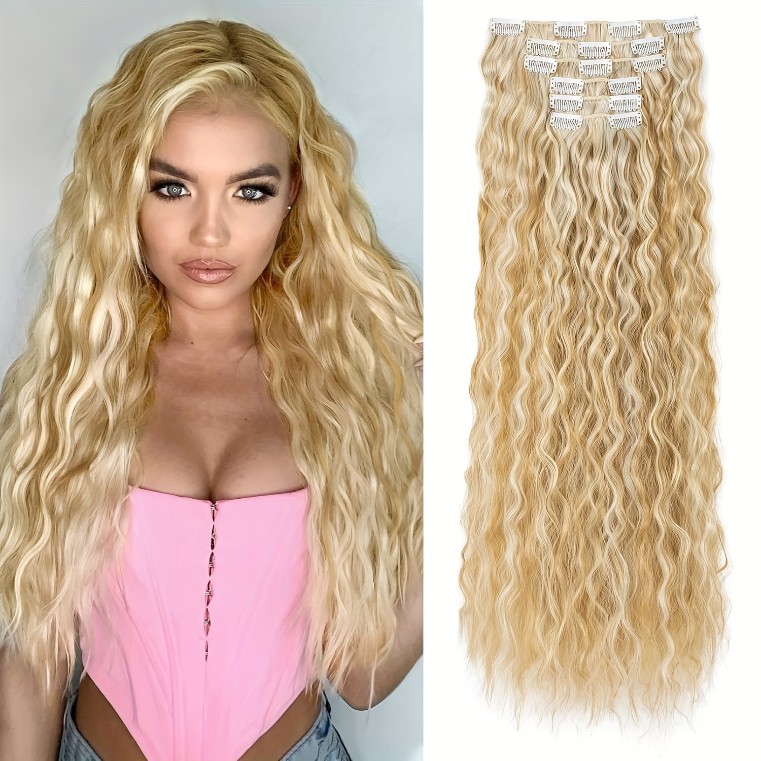 6pcs luxurious 24 inch blonde clip in wavy hair extensions for women   synthetic   friendly   coverage with elegant white diamond accents ponytail hair extensions details 5