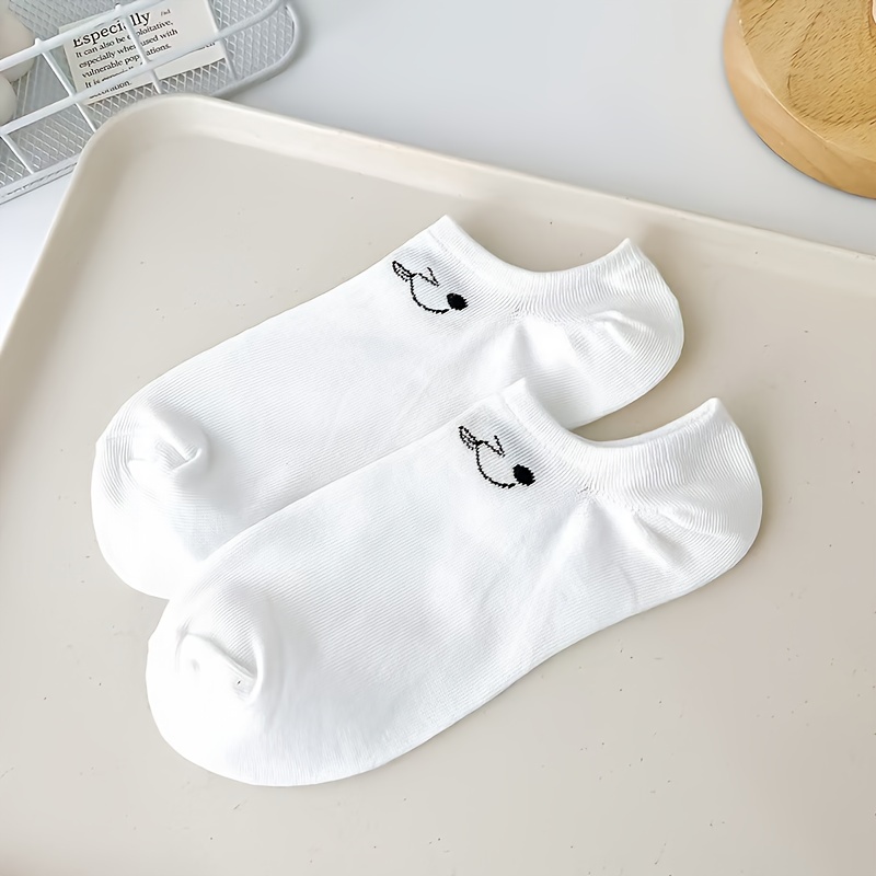 5 Pairs of Women's White Expression Boat Socks, Cute Expression, Fashionable and Versatile, Trendy and, College Style, Suitable for Daily Use