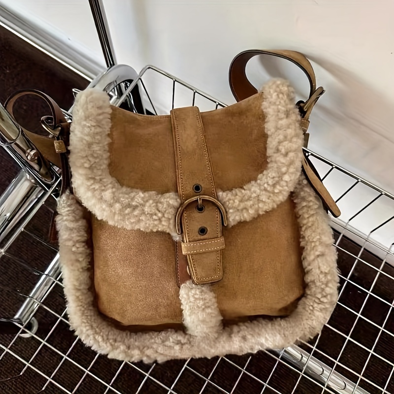 

Elegant Solid Color Polyester Crossbody Bag, Vintage Style Shoulder Bag, With Shearling Trim, Adjustable Strap, Closure, And Polyester For Women With Fade Resistant Features