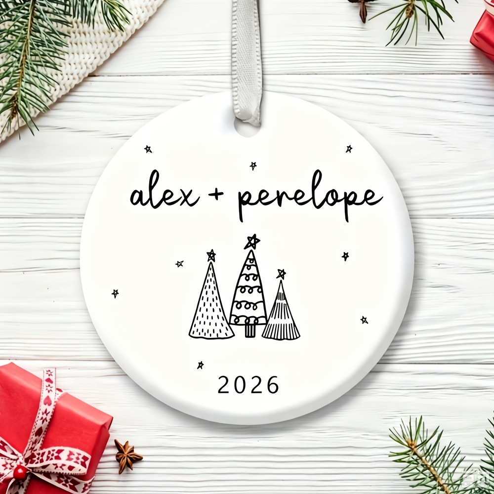TEMU [custom] 2026 Personalized Couple Name Ceramic Hanging Ornament, Smooth Round Porcelain With Art Xmas Tree Star Graphic, Custom Partner Names,