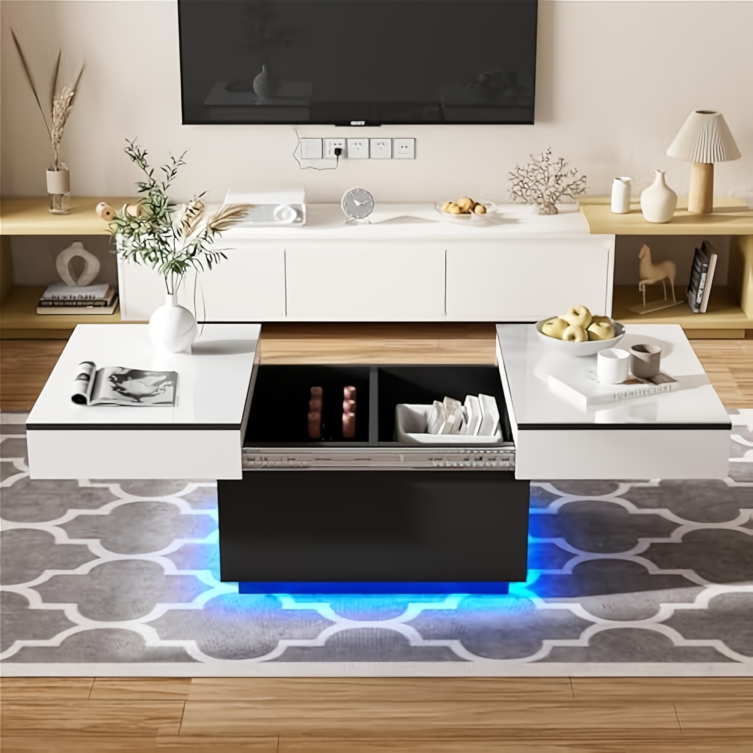 Ausziehbarer Couchtisch, 80 x 58 x 40 cm, mit versteckten Fächern Ablagefächern, geeignet für Wohnzimmer, in Weiß.