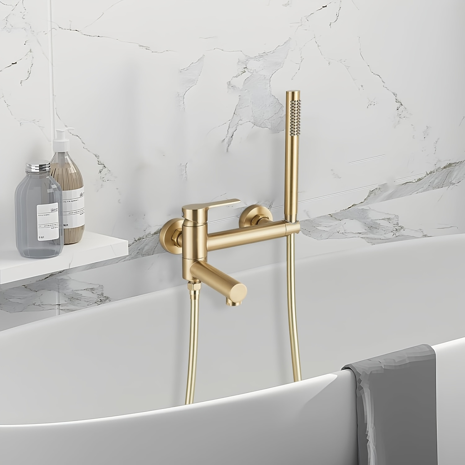 Image of Bathtub Faucet, Wall-mounted, With Handheld Showerhead: Stainless Steel Wall-mounted Brushed Golden Bathtub Faucet, 2-function Bathtub Faucet, Luxury Shower Set, Brushed Golden/black
