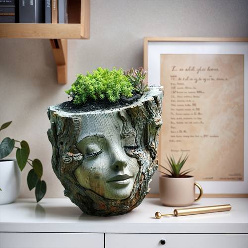1pc handcrafted resin girl face flower pot rustic wood texture design irregular shape indoor outdoor planter for home garden patio decor whimsical artistic plant holder indoor outdoor use countryside decor textured surface garden decorations