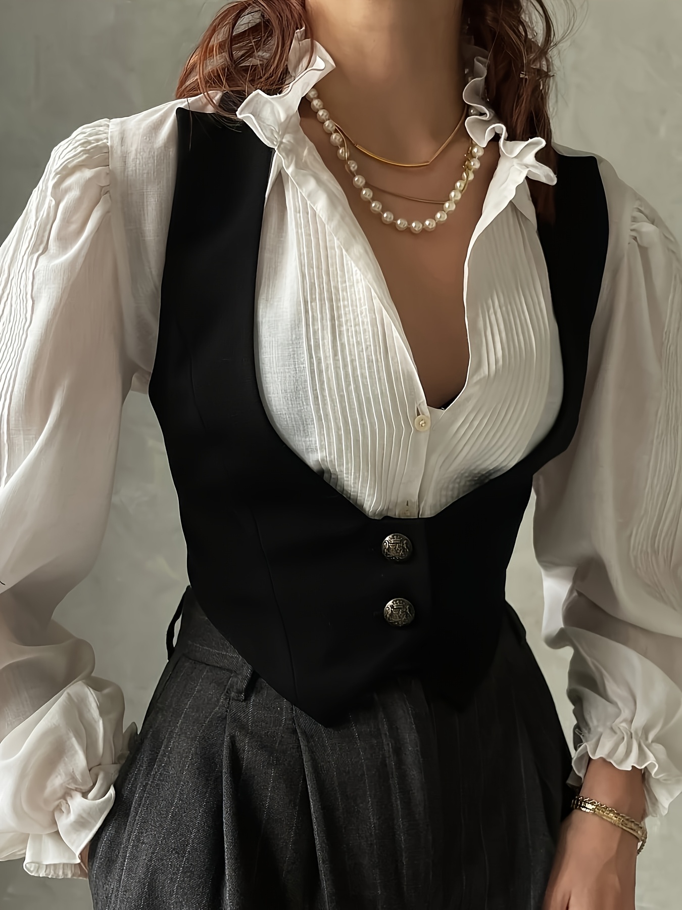 french vintage style black v neck womens waistcoat a chic - Temu