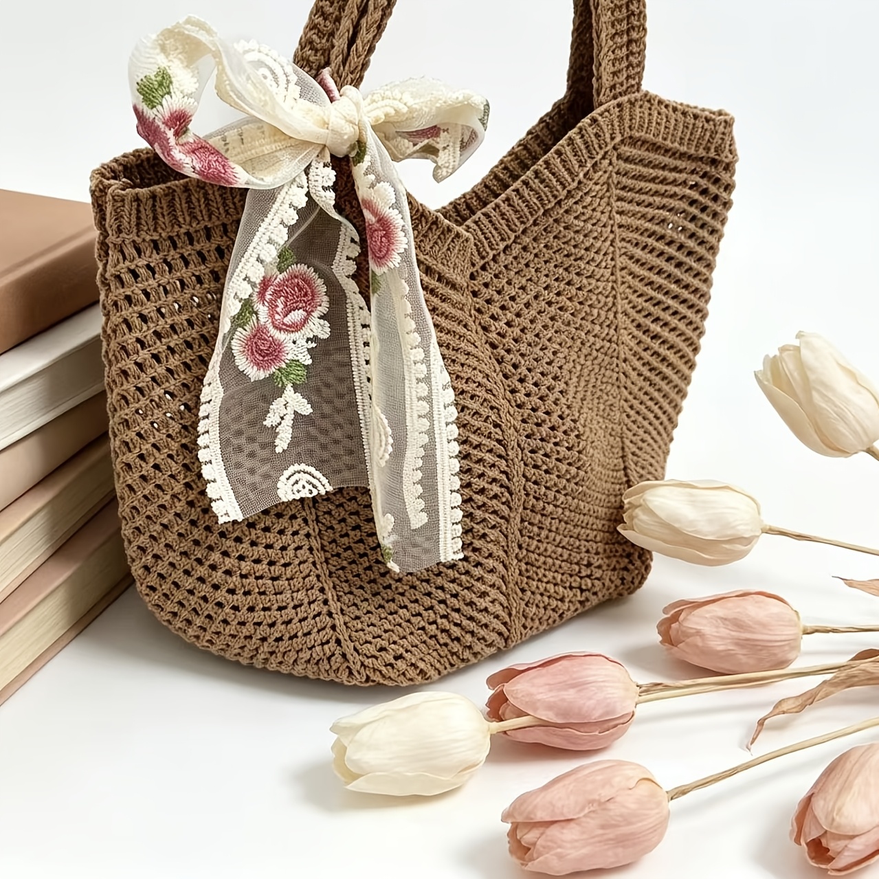 TEMU Women's Crochet (tote Bag And Ribbon) Women's Shoulder Bag, Crossbody Bag, Knit Mesh Tote Bag, Lightweight Hollow Shoulder Bag, Casual Handbag,