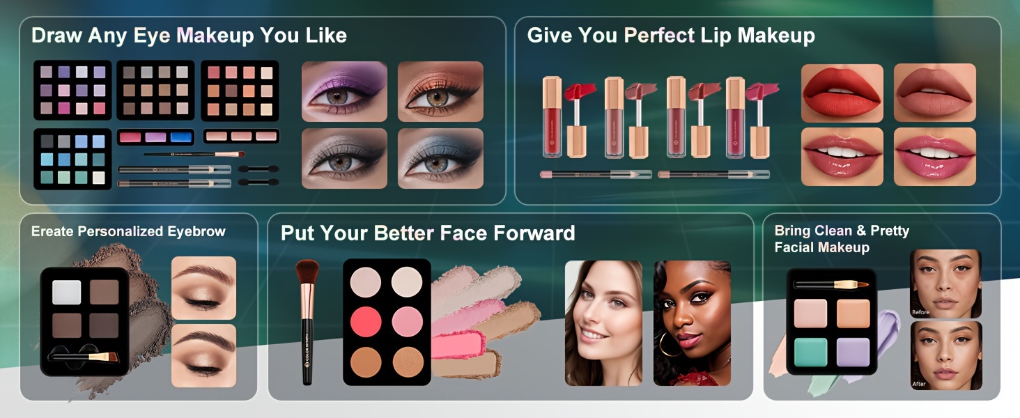 Conjunto de maquiagem All In One para meninas de todas as idades, kits de maquiagem para adolescentes iniciantes com estojo verde, paletas de sombras, blush, gloss labial, delineador, conjunto de presentes de cosméticos para aniversário detalhes 1