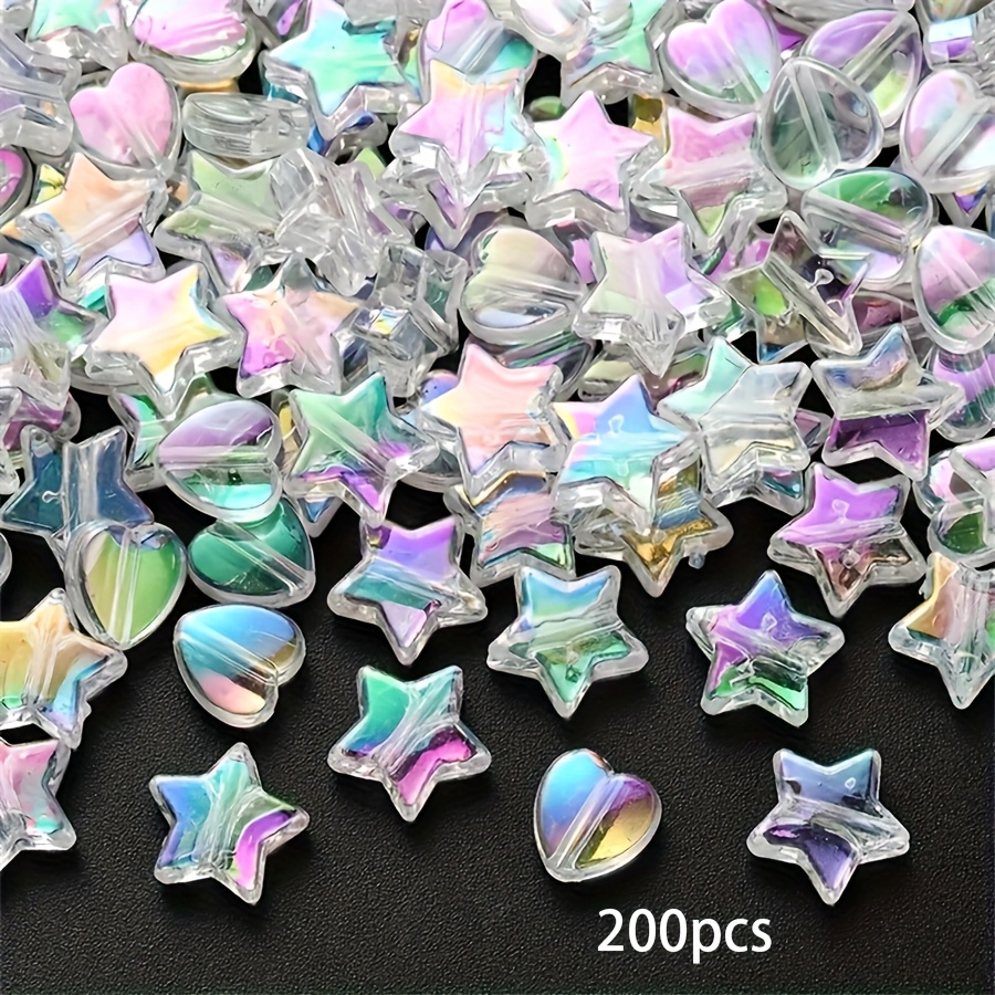 Image of 200pcs Assorted Acrylic Beads - 10mm Star & 9mm Heart Shapes In Rainbow, Pastel, And Metallic Colors - Perfect For Diy Couples Bracelets And Jewelry Making, Craft Beads|vibrant Bead Mix|glossy Finish