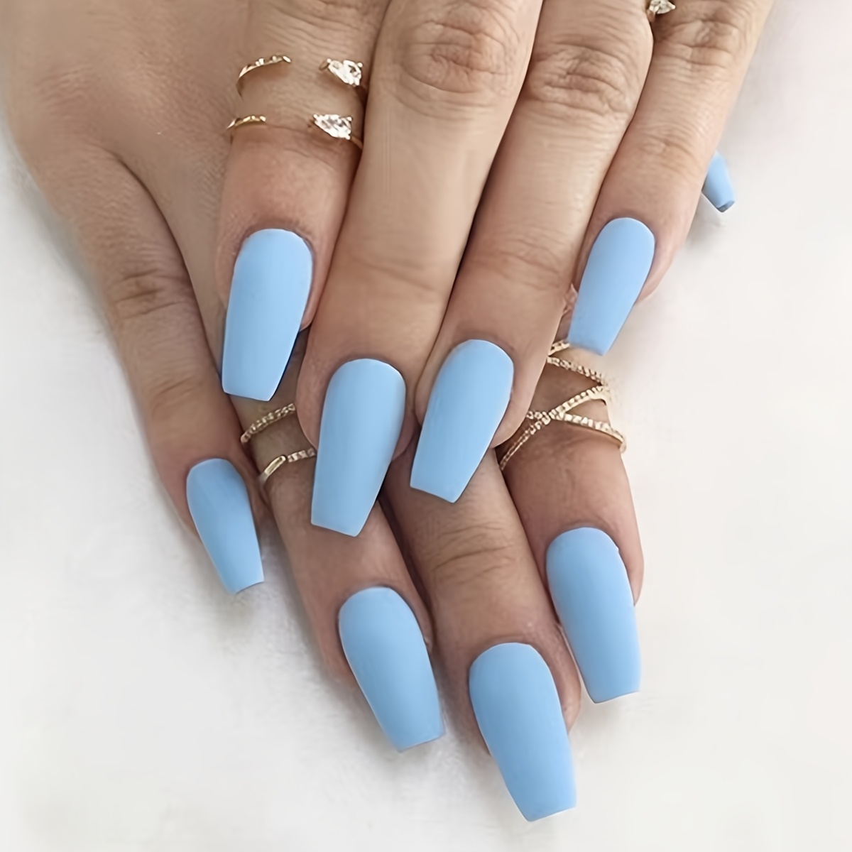 Image of 24pcs Set Of Medium-length Light Blue Matte Coffin Press-on Fake Nails With Jelly Glue And Nail Buffing Kit For Women/s, Suitable For Parties, Dances, And Everyday Occasions
