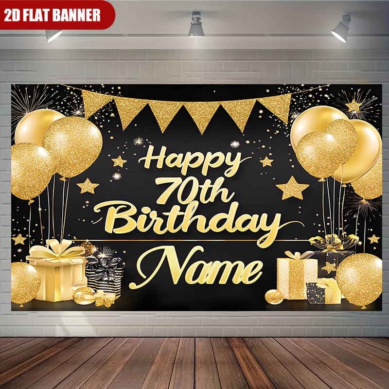 TEMU 1pc Personalized Custom Name Happy Birthday 70th Anniversary Elegant Black And Gift Box Backdrop, Multi-functional Party Wall Banner Decoration