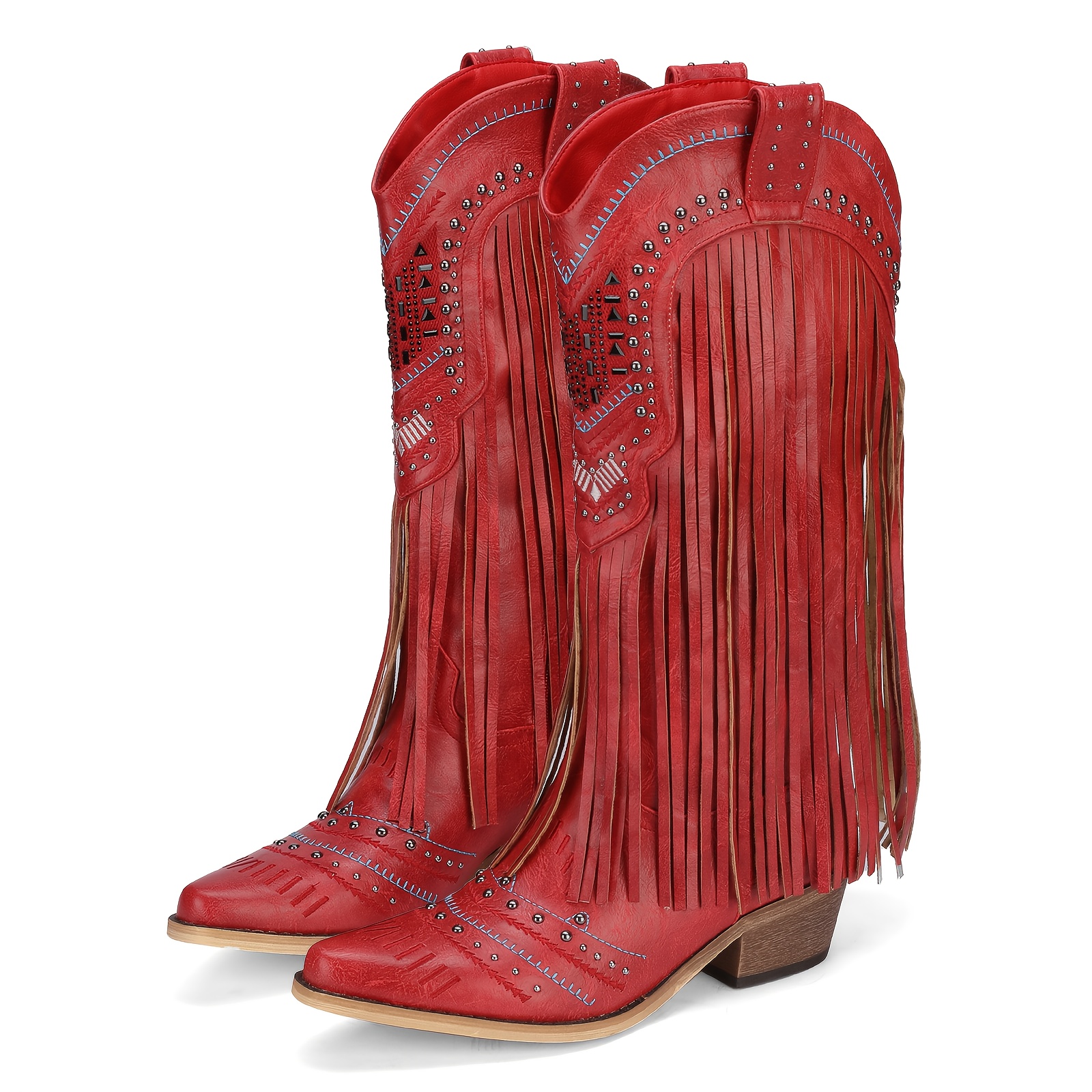 Toe Red Wide Calf Over The Knee Boots Women's Western Cowboy Boots
