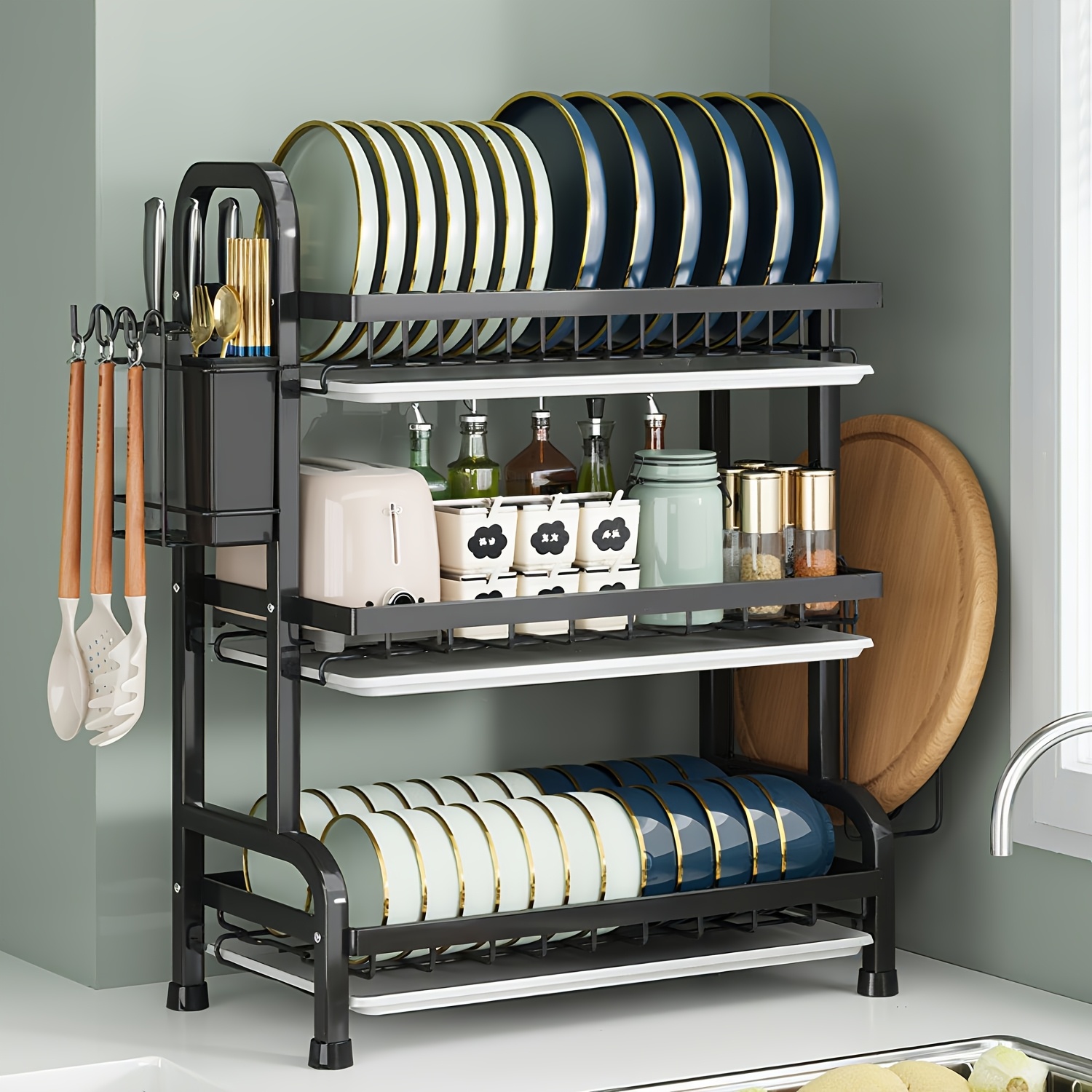 3-tier Dish Drying Rack 52cm, Dish Drainer With Removable , With Utensil Holder, Cutting Board Holder, Rustproof Large Plate Drying Rack (black)