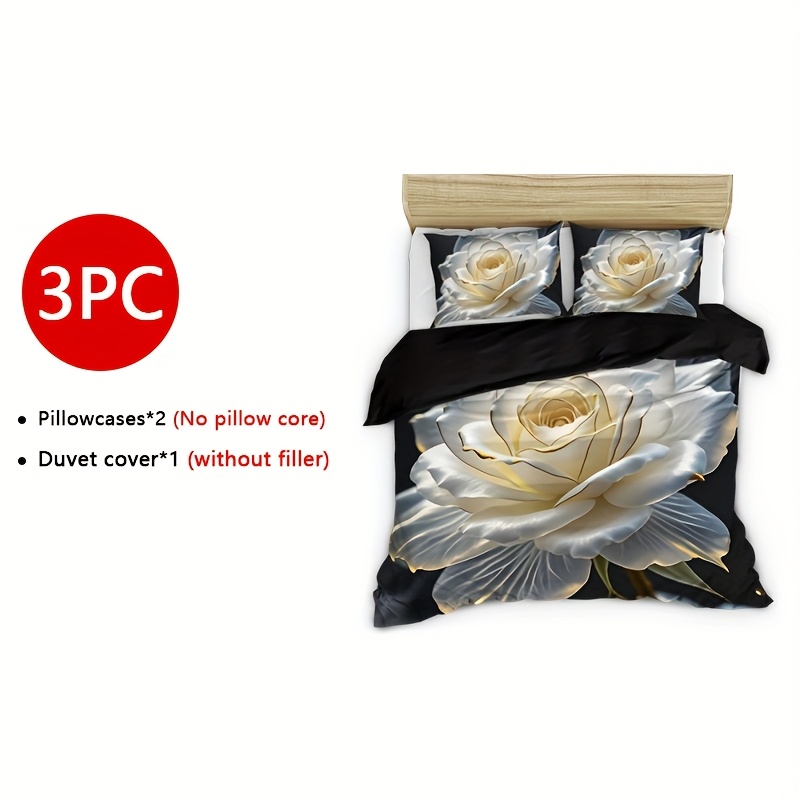 Image of 3pcs White Flower Duvet Cover Set With , Soft Fabric, Includes: 1 Duvet Cover + 2 Pillowcases, No Insert Needed, High-definition , Use, Polyester Fiber For Guest Rooms And Dormitories