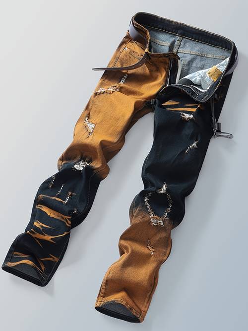 vintage verweerde amerikaanse rechte pijp gescheurde gaten patch denim broek - gewassen kleurblokken, middelhoge taille regular fit casual streetwear - wasmachinebestendig - riem inbegrepen geschikt voor buiten & dagelijks gebruik