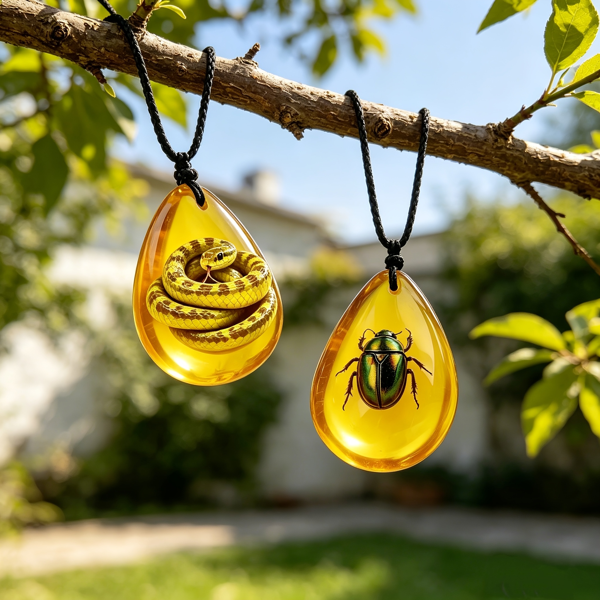 2pcs Unisex Imitation Amber Snake & Beetle Pattern Necklace Set