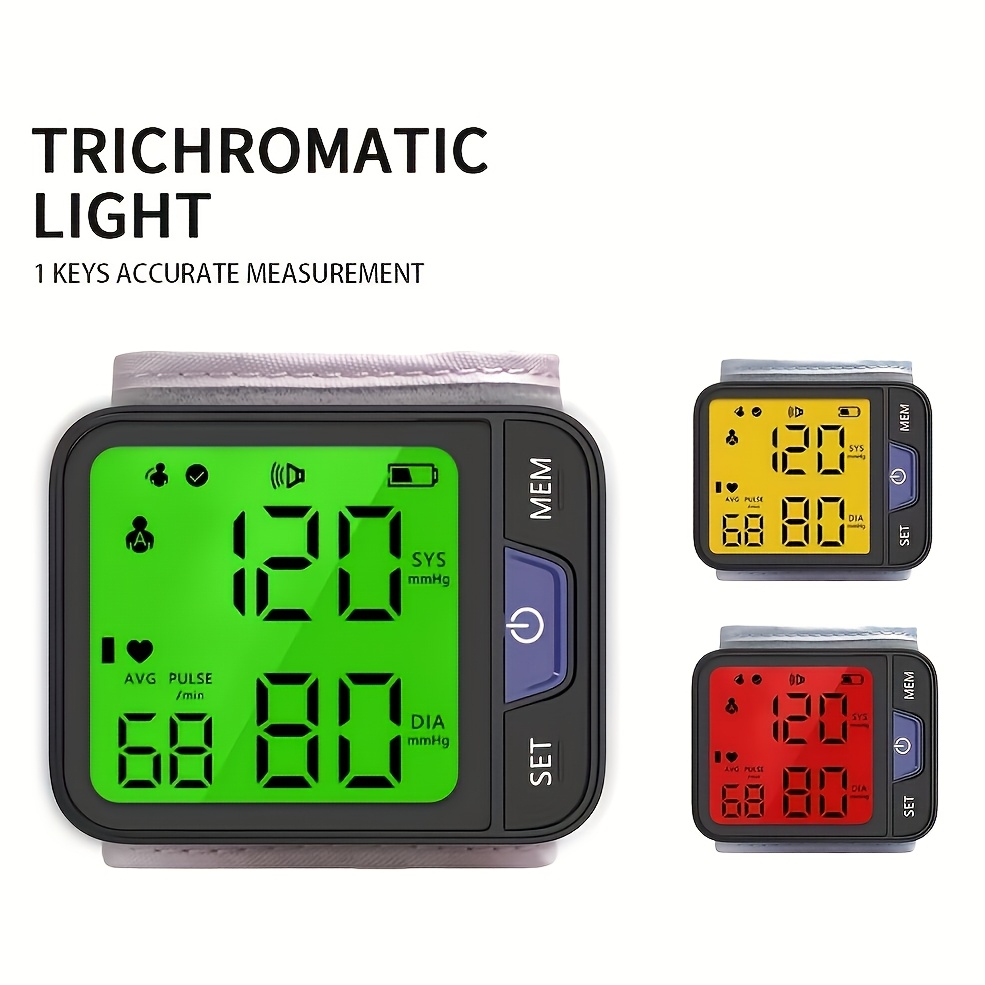 automatic wrist blood pressure monitor with voice 3 color backlit digital lcd display 240 memory storage for dual   portable adjustable cuff bp device for home use Product details 1