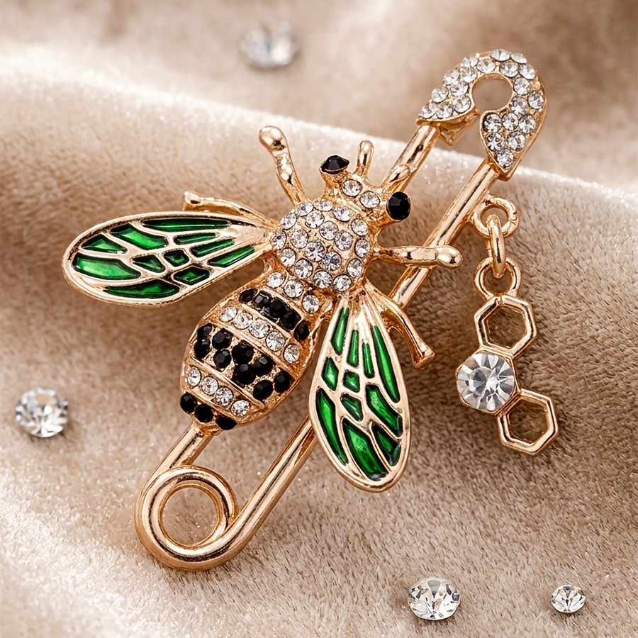 TEMU 1pc Green Rhinestone Bee Dropping Brooch, Individual Women's Evening Dress Hat Decoration Pin