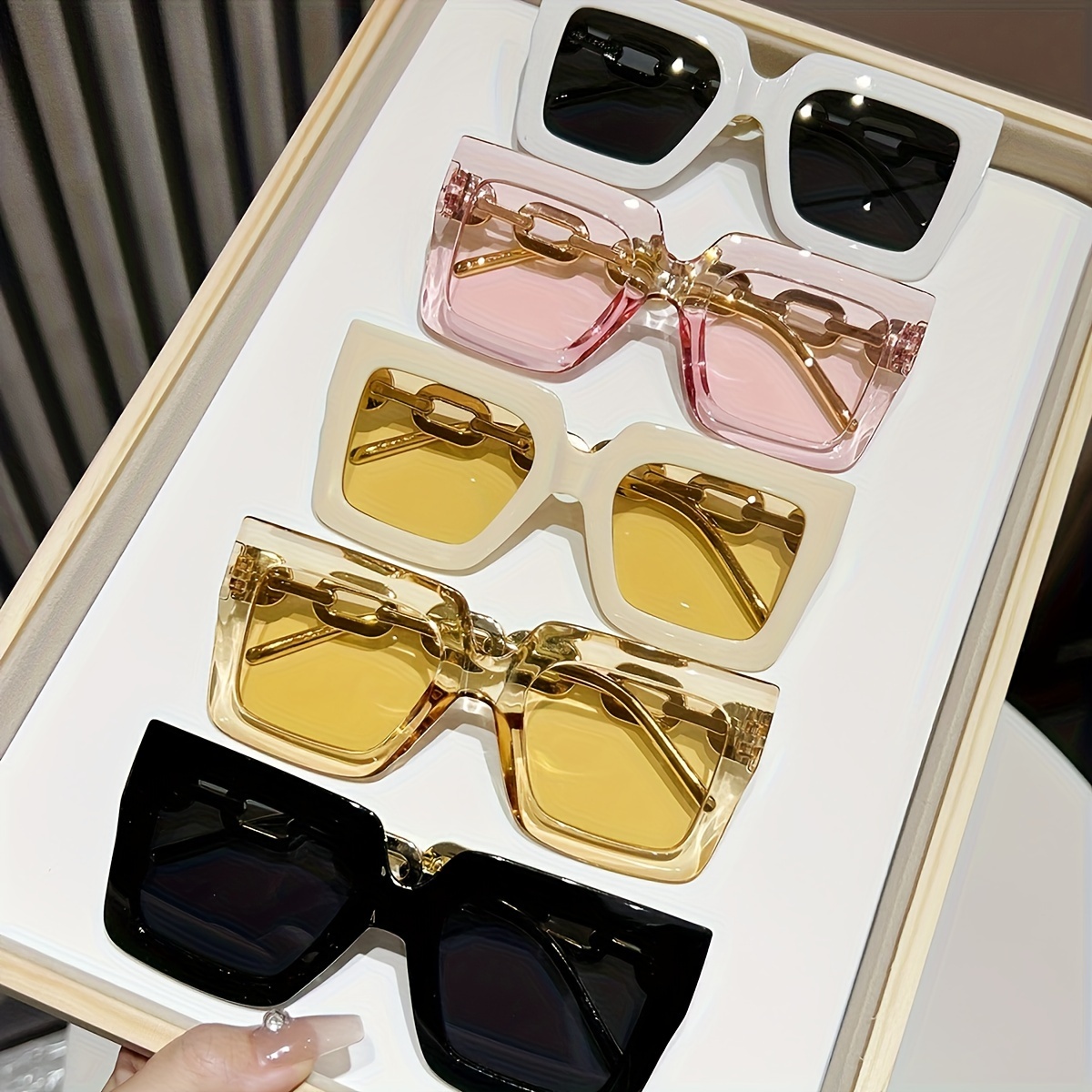

5pcs Women's Square Glasses Multicolor Large Frame Golden Chain Temple Glasses For Daily Vacation Use