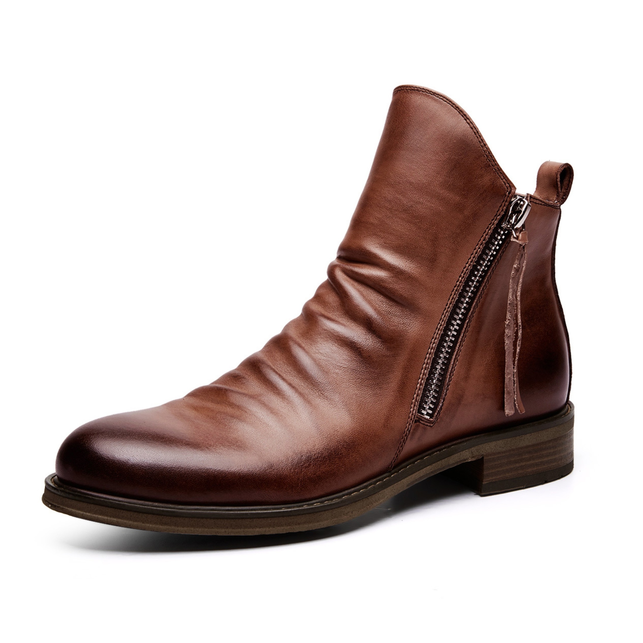 TEMU British Style Men's Winter Boots - Retro Workwear Boots With Zipper - Trendy Mid-calf Length