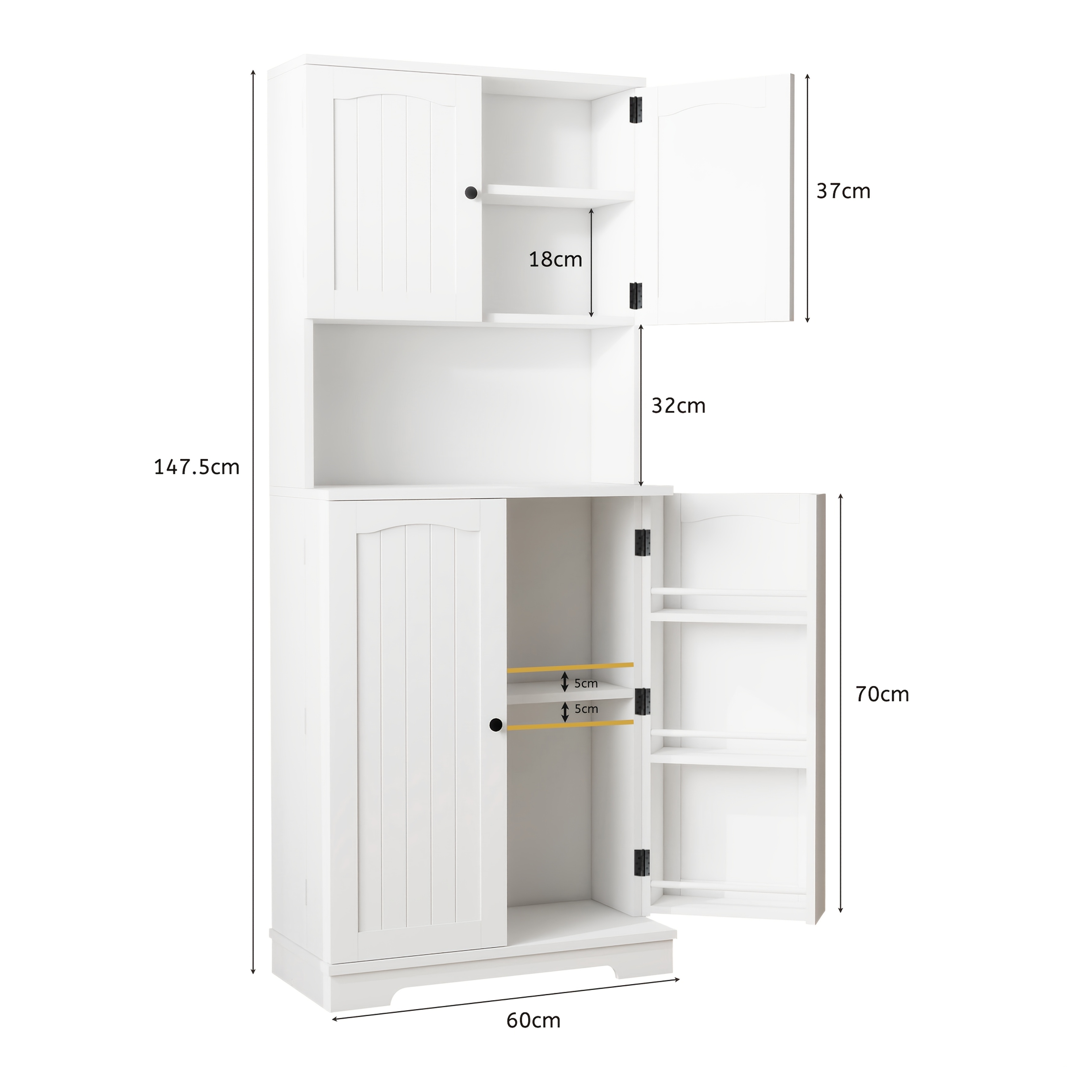 150 Cm Tall Kitchen Storage Cabinet With A Countertop, Featuring A 4-door Larder Cupboard In White