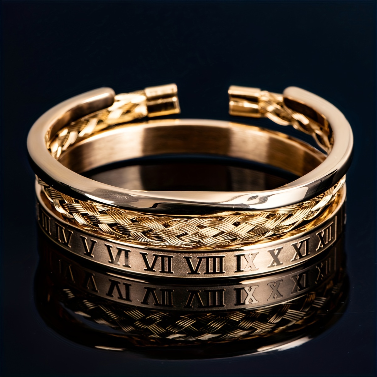 Image of 3pcs Of Classic Punk 304 304 Stainless Steel Braided Roman Geometric Hip-hop Bangle Bangle Bracelet Set For Banquets