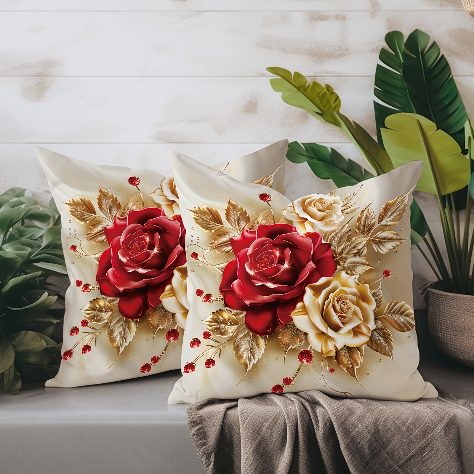 

2pcs Roses Throw Pillow Covers, Contemporary Style, 18x18 Inch Decorative Pillowcases With Rose And Leaf Patterns, Machine Washable, Zipper Closure, Woven Polyester For Living Room And Bedroom Decor