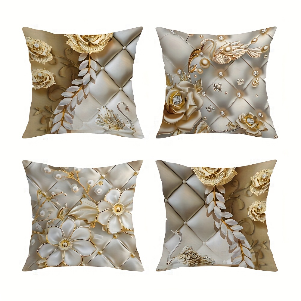 

Luxurious Metallic Rose And Lily Printed Velvet Pillow Covers - 45x45cm, Suitable For Living Room, Bedroom, Sofa, And Bed Decorations (no Inner Pillow Included)